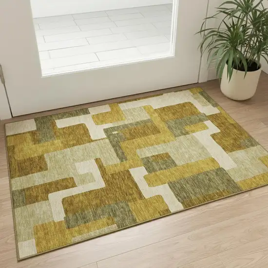Wheat Ivory And Gold Geometric Washable Area Rug With UV Protection Photo 2