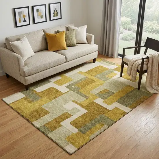 Wheat Ivory And Gold Geometric Washable Area Rug With UV Protection Photo 1