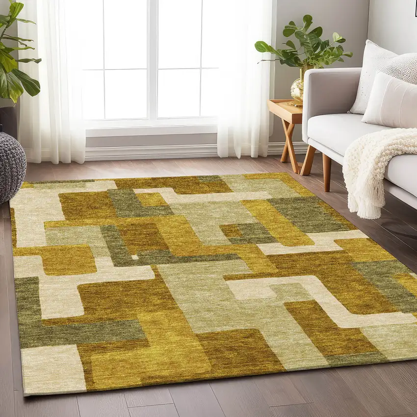 Wheat Ivory And Gold Geometric Washable Area Rug With UV Protection Photo 4