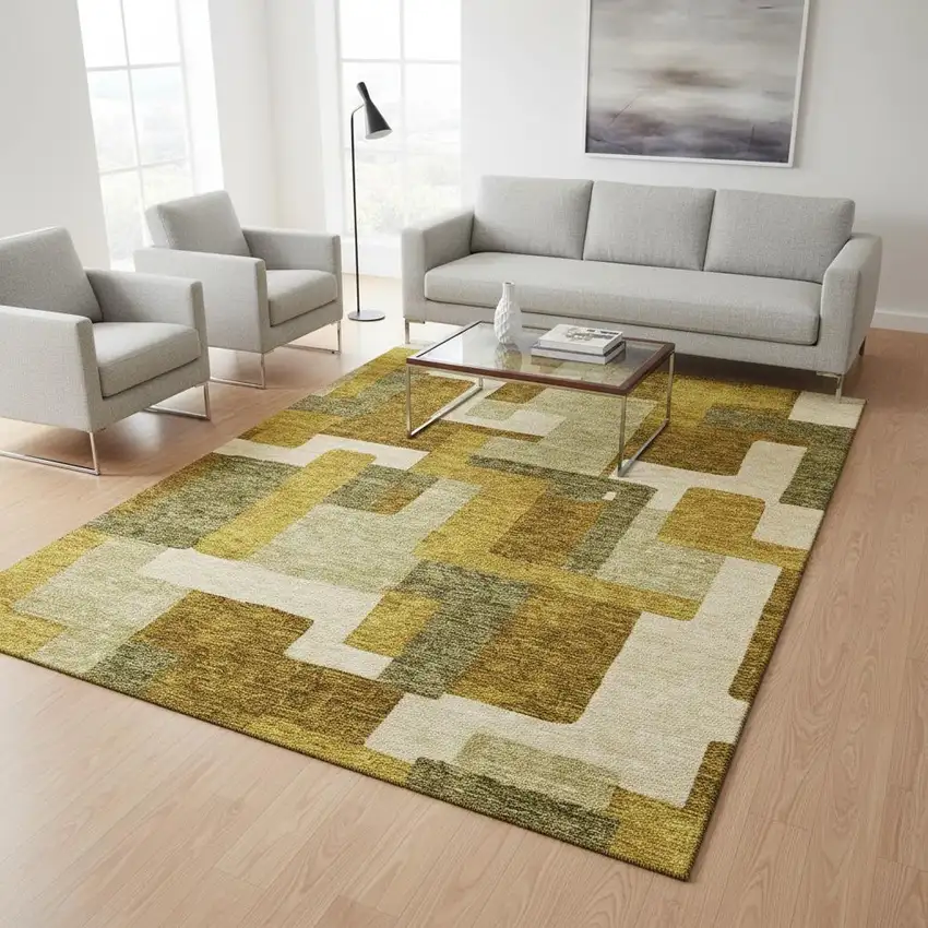 Wheat Ivory And Gold Geometric Washable Area Rug With UV Protection Photo 2