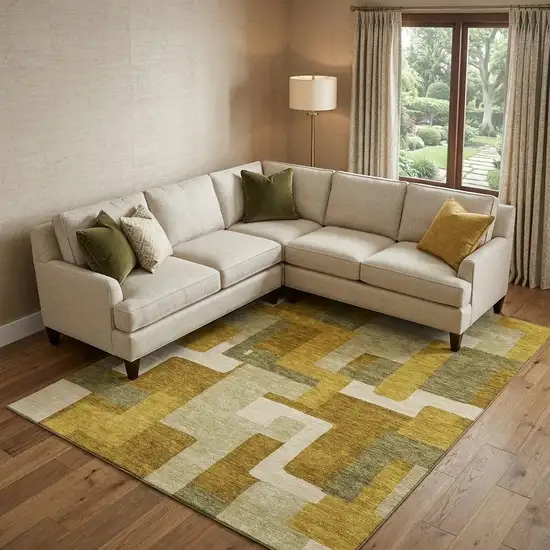 Wheat Ivory And Gold Geometric Washable Area Rug With UV Protection Photo 1