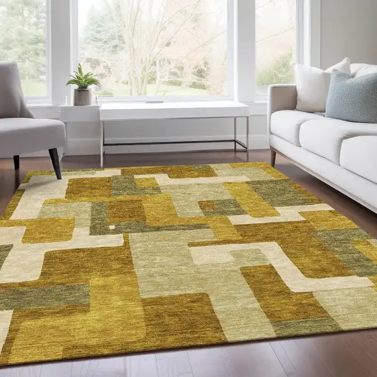 Wheat Ivory And Gold Geometric Washable Area Rug With UV Protection Photo 5