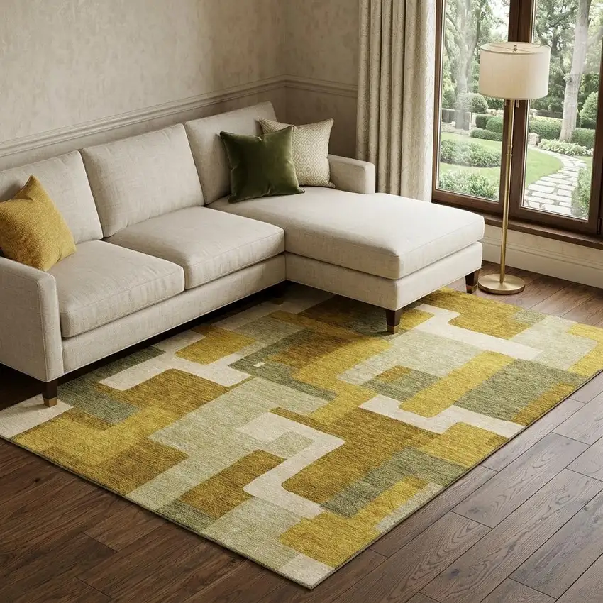 Wheat Ivory And Gold Geometric Washable Area Rug With UV Protection Photo 1