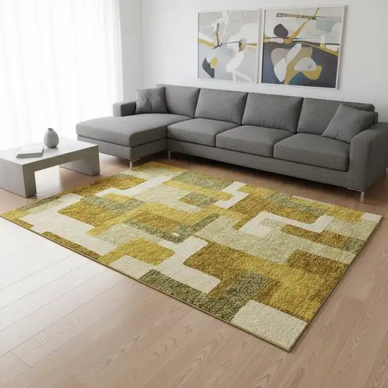 Wheat Ivory And Gold Geometric Washable Area Rug With UV Protection Photo 2