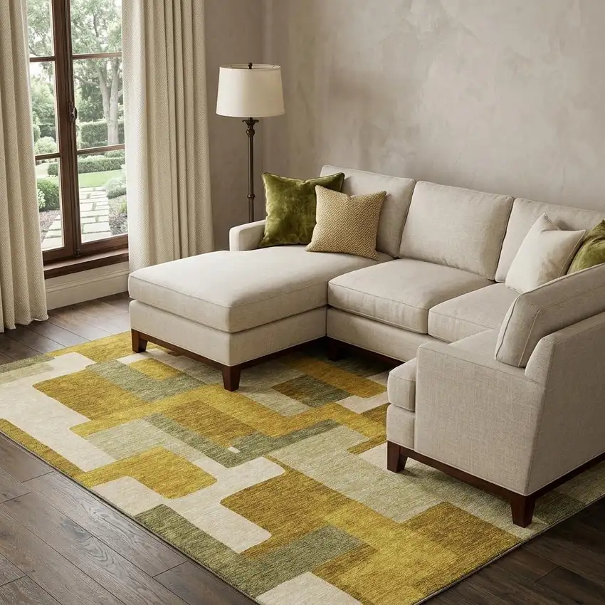 Wheat Ivory And Gold Geometric Washable Area Rug With UV Protection Photo 1