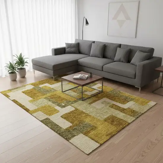 Wheat Ivory And Gold Geometric Washable Area Rug With UV Protection Photo 2