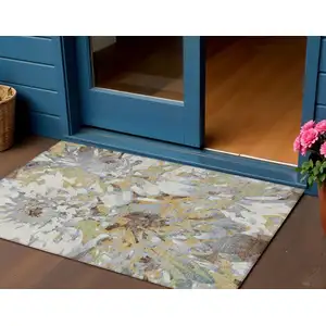 Photo of Wheat Ivory And Gray Floral Washable Indoor Outdoor Area Rug