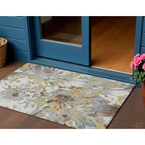 Wheat Ivory And Gray Floral Washable Indoor Outdoor Area Rug Photo 1