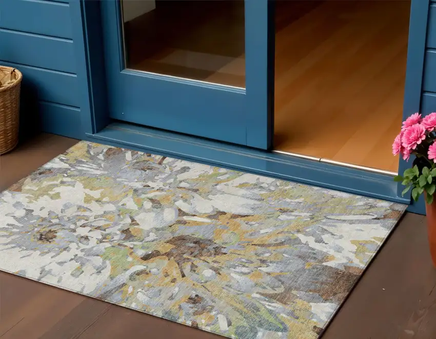 Wheat Ivory And Gray Floral Washable Indoor Outdoor Area Rug Photo 1