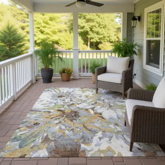 Wheat Ivory And Gray Floral Washable Indoor Outdoor Area Rug Photo 9