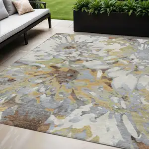 Photo of Wheat Ivory And Gray Floral Washable Indoor Outdoor Area Rug