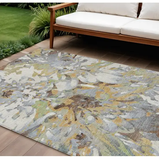 Wheat Ivory And Gray Floral Washable Indoor Outdoor Area Rug Photo 1
