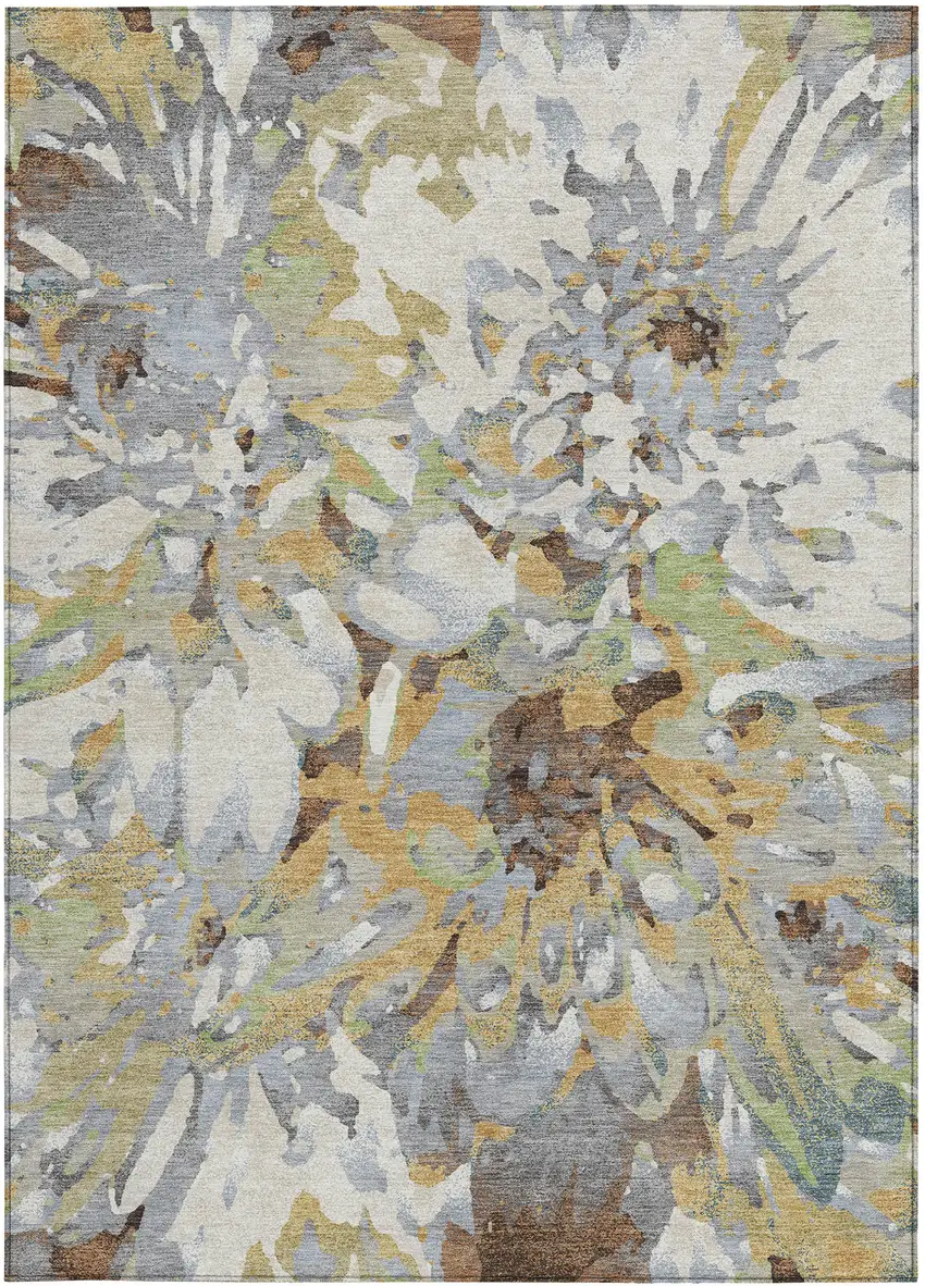 Wheat Ivory And Gray Floral Washable Indoor Outdoor Area Rug Photo 4