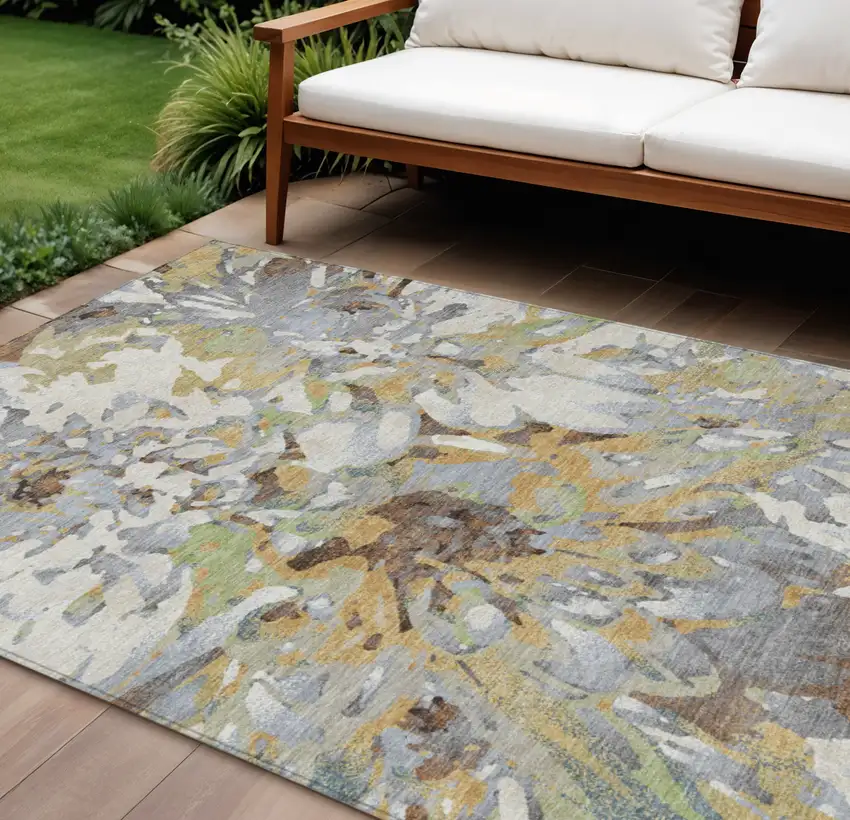 Wheat Ivory And Gray Floral Washable Indoor Outdoor Area Rug Photo 1