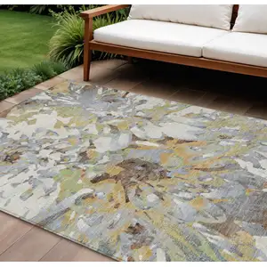 Photo of Wheat Ivory And Gray Floral Washable Indoor Outdoor Area Rug