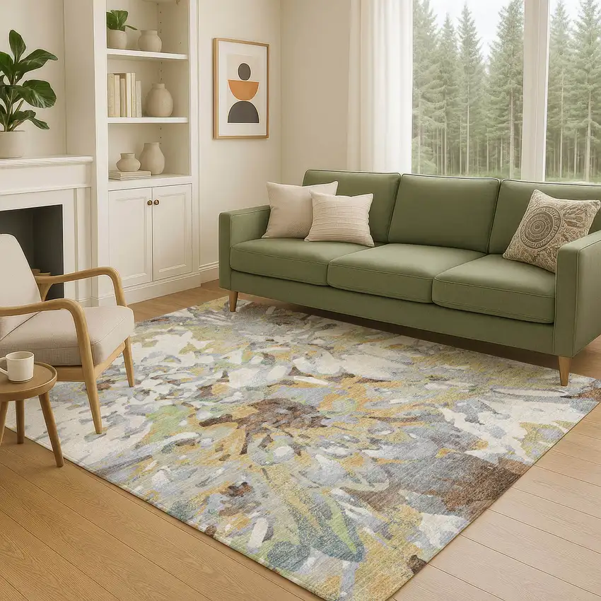 Wheat Ivory And Gray Floral Washable Indoor Outdoor Area Rug Photo 8