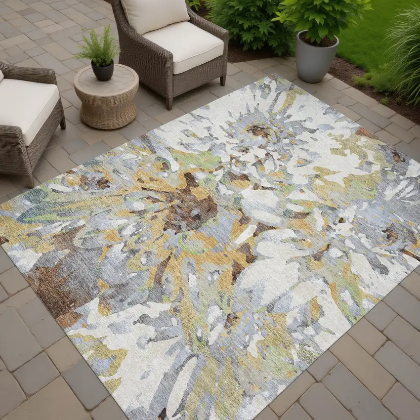 Wheat Ivory And Gray Floral Washable Indoor Outdoor Area Rug Photo 7