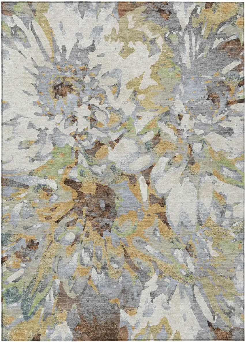 Wheat Ivory And Gray Floral Washable Indoor Outdoor Area Rug Photo 2