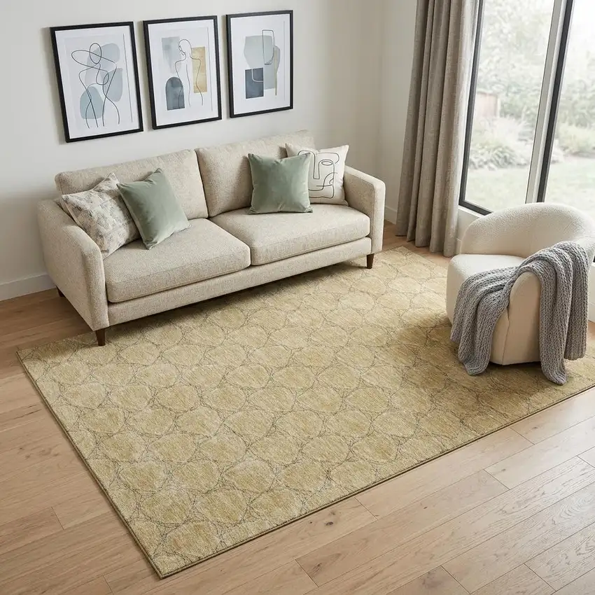 Wheat Ivory And Gray Geometric Washable Area Rug With UV Protection Photo 1