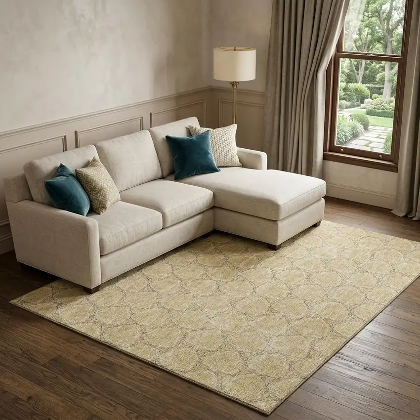 Wheat Ivory And Gray Geometric Washable Area Rug With UV Protection Photo 1