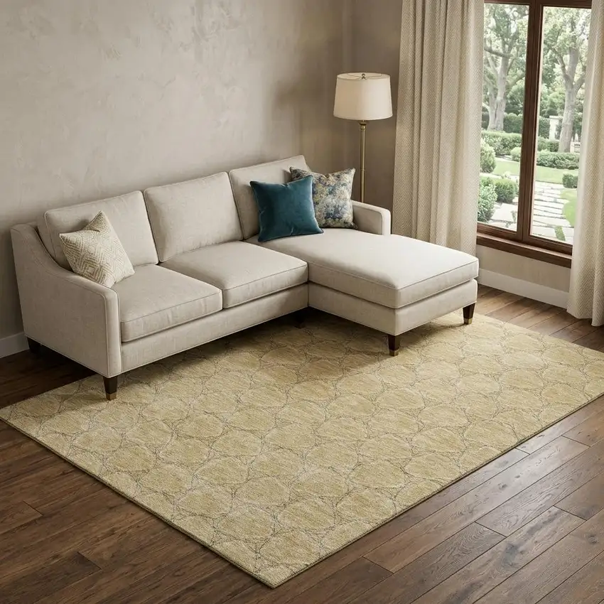 Wheat Ivory And Gray Geometric Washable Area Rug With UV Protection Photo 1