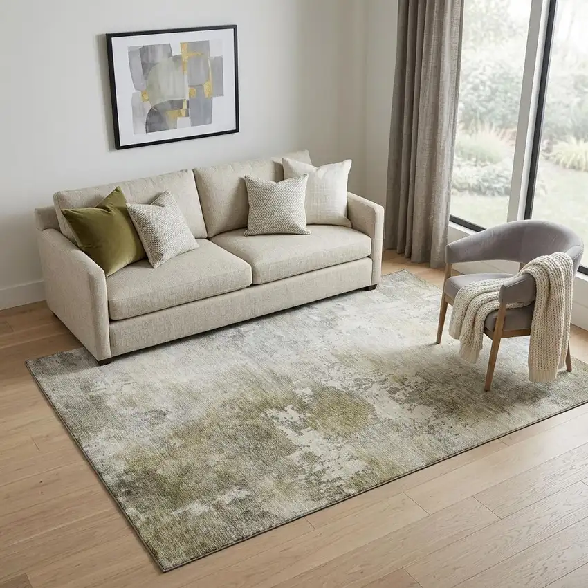 Wheat Ivory And Taupe Abstract Washable Area Rug With UV Protection Photo 1
