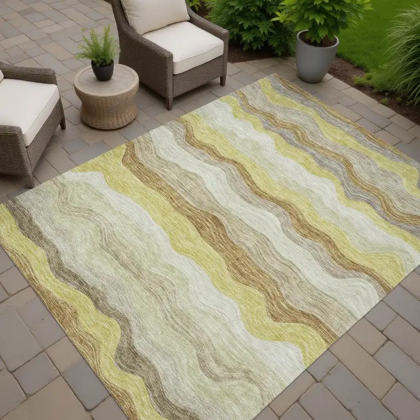 Wheat Khaki And Beige Striped Washable Indoor Outdoor Area Rug Photo 5