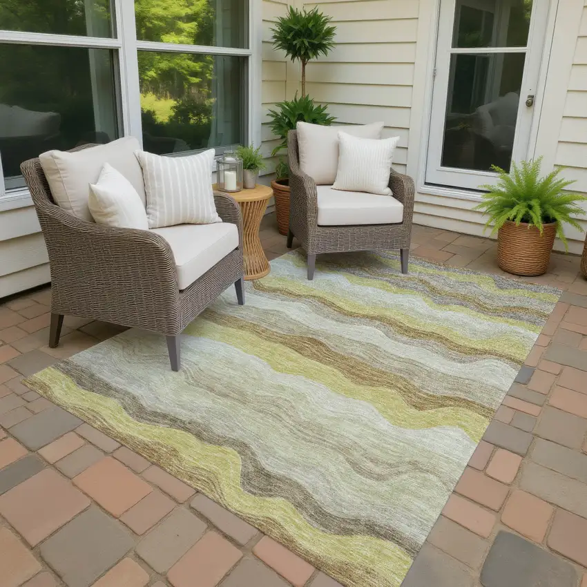 Wheat Khaki And Beige Striped Washable Indoor Outdoor Area Rug Photo 2