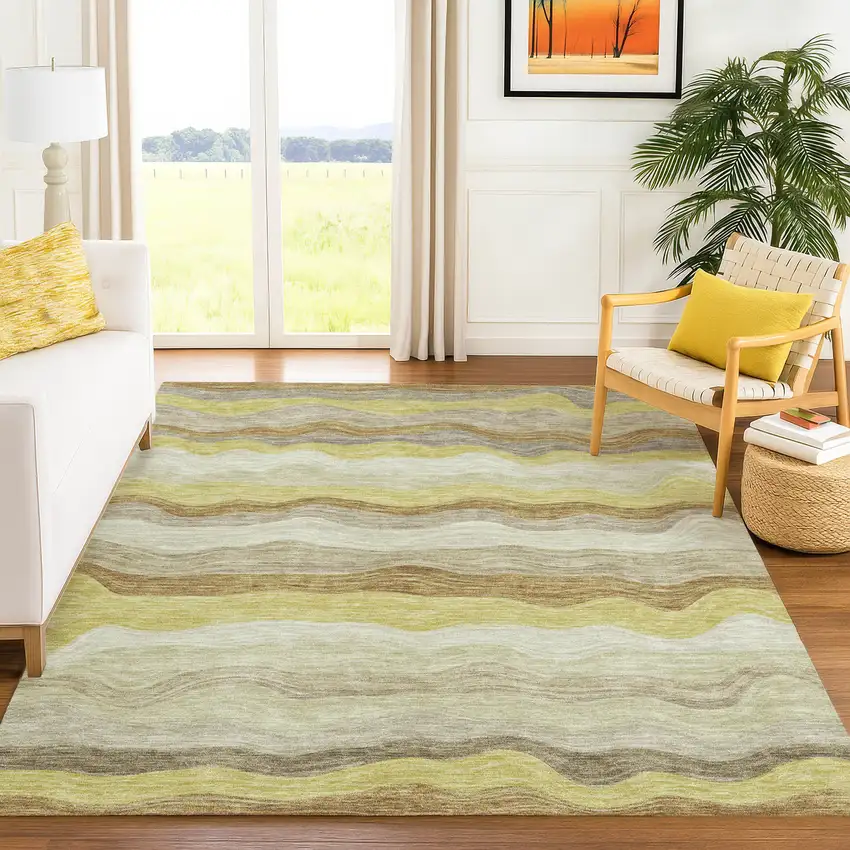Wheat Khaki And Beige Striped Washable Indoor Outdoor Area Rug Photo 3