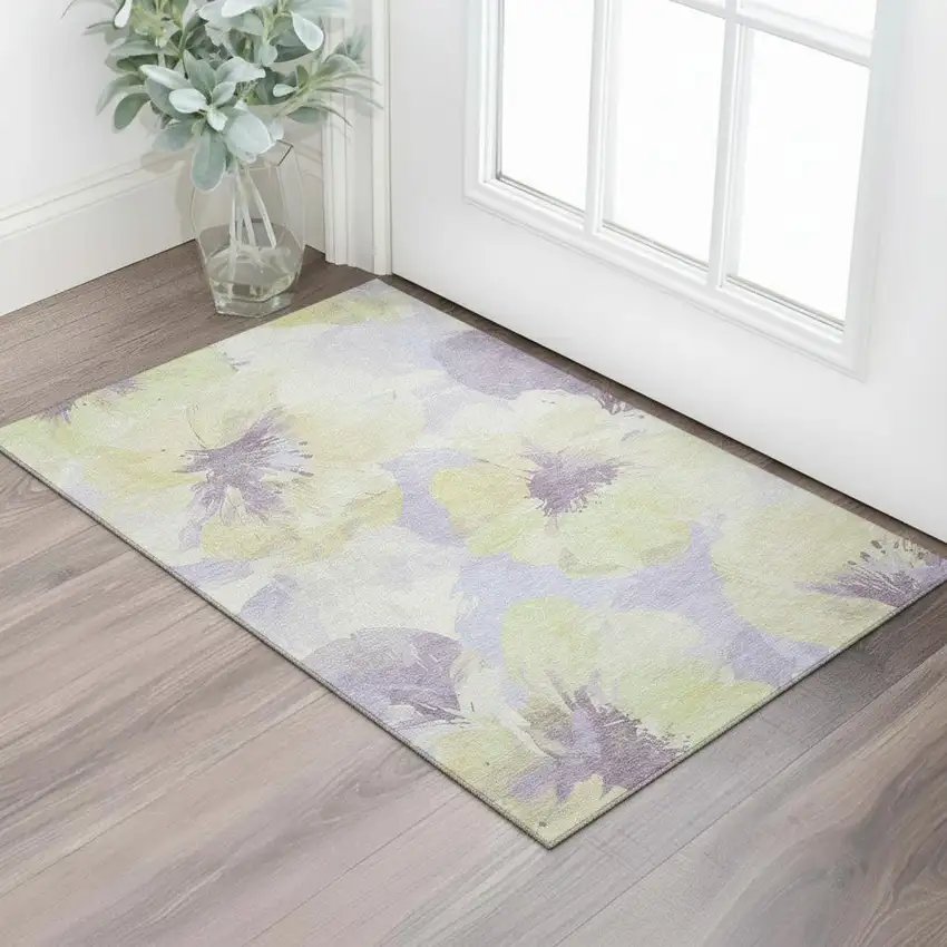 Wheat Lavender And Ivory Floral Washable Area Rug With UV Protection Photo 2