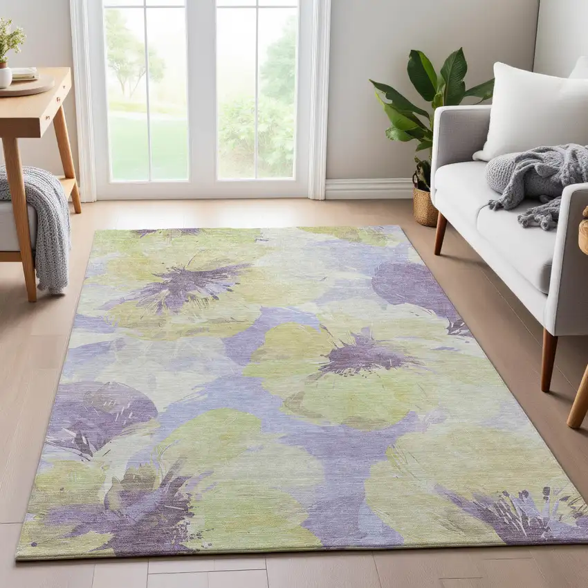Wheat Lavender And Ivory Floral Washable Area Rug With UV Protection Photo 4