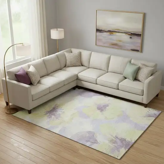 Wheat Lavender And Ivory Floral Washable Area Rug With UV Protection Photo 2