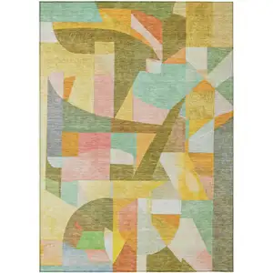 Photo of Wheat Orange Green And Ivory Abstract Washable Indoor Outdoor Area Rug