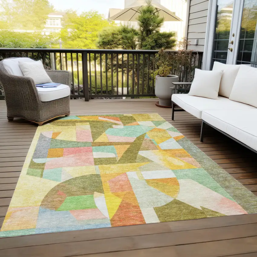 Wheat Orange Green And Ivory Abstract Washable Indoor Outdoor Area Rug Photo 9