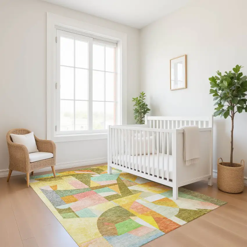 Wheat Pink And Olive Green Abstract Washable Area Rug With UV Protection Photo 5