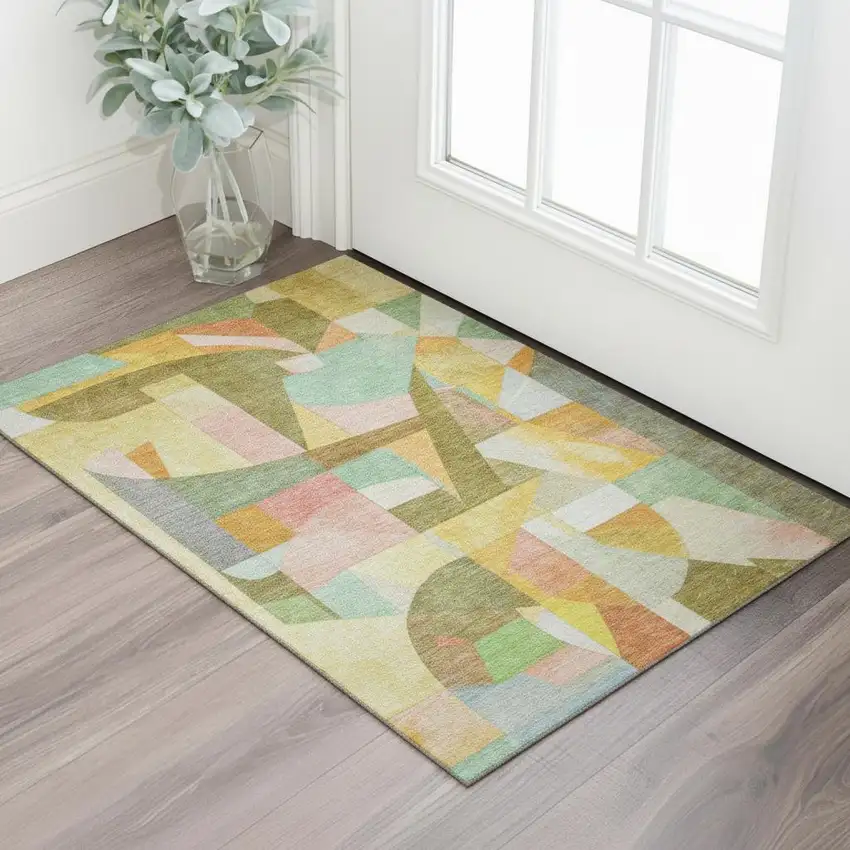 Wheat Pink And Olive Green Abstract Washable Area Rug With UV Protection Photo 2