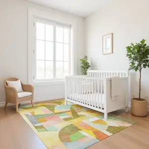 Photo of Wheat Pink And Olive Green Abstract Washable Area Rug With UV Protection