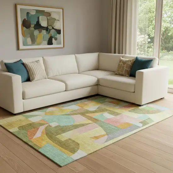 Wheat Pink And Olive Green Abstract Washable Area Rug With UV Protection Photo 2