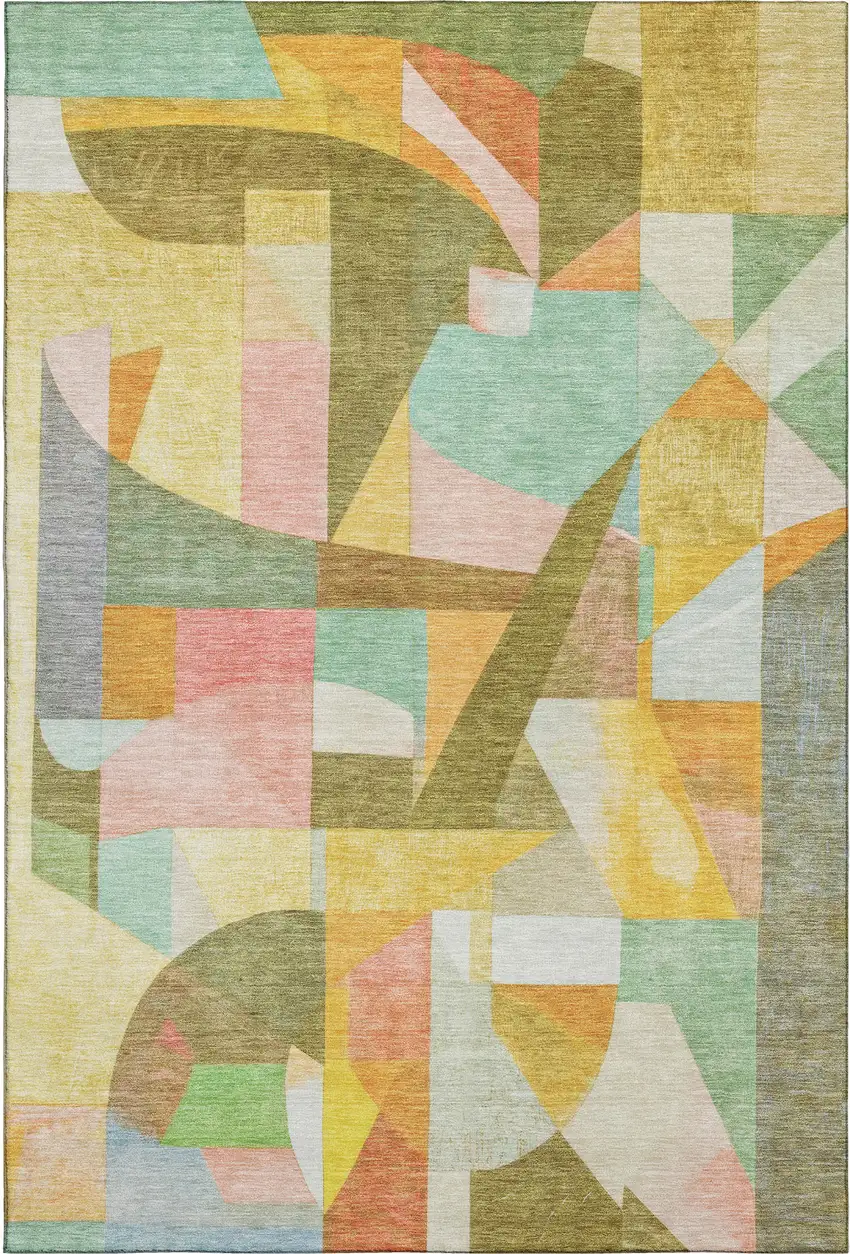 Wheat Pink And Olive Green Abstract Washable Area Rug With UV Protection Photo 1