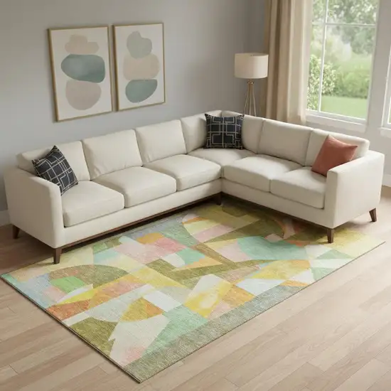 Wheat Pink And Olive Green Abstract Washable Area Rug With UV Protection Photo 2