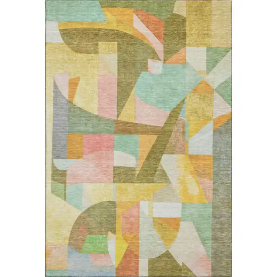 Wheat Pink And Olive Green Abstract Washable Area Rug With UV Protection Photo 1