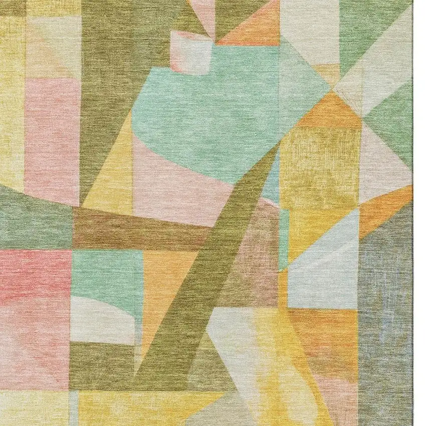 Wheat Pink And Olive Green Abstract Washable Area Rug With UV Protection Photo 2