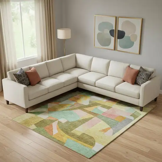 Wheat Pink And Olive Green Abstract Washable Area Rug With UV Protection Photo 2