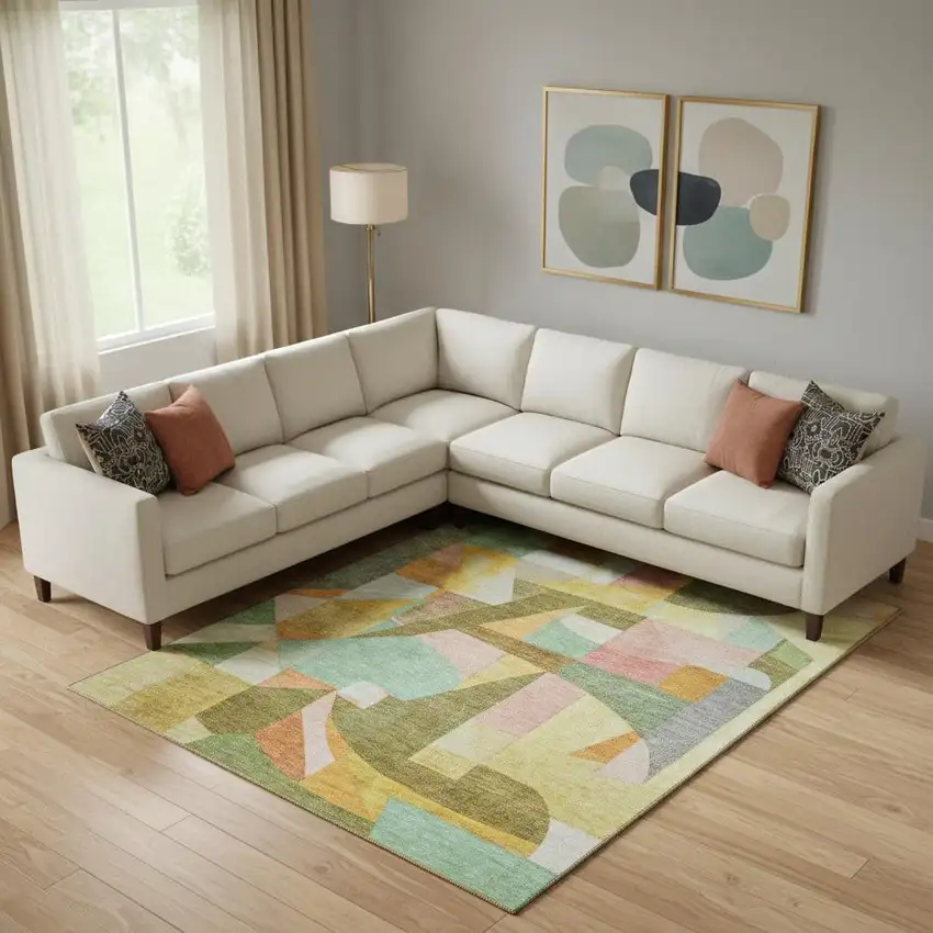 Wheat Pink And Olive Green Abstract Washable Area Rug With UV Protection Photo 2