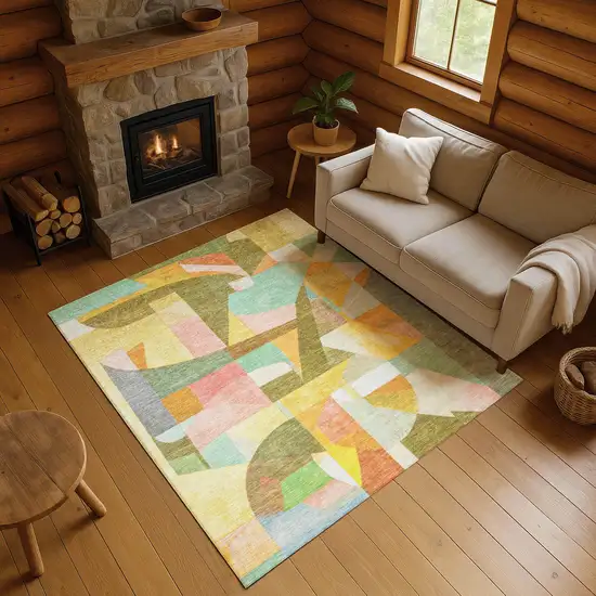 Wheat Pink And Olive Green Abstract Washable Area Rug With UV Protection Photo 5