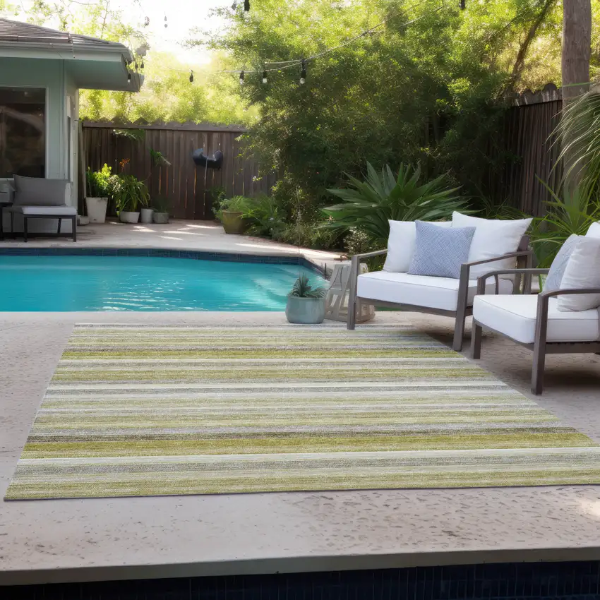 Yellow Beige and Gray Striped Washable Non Skid Indoor Outdoor Area Rug Photo 9