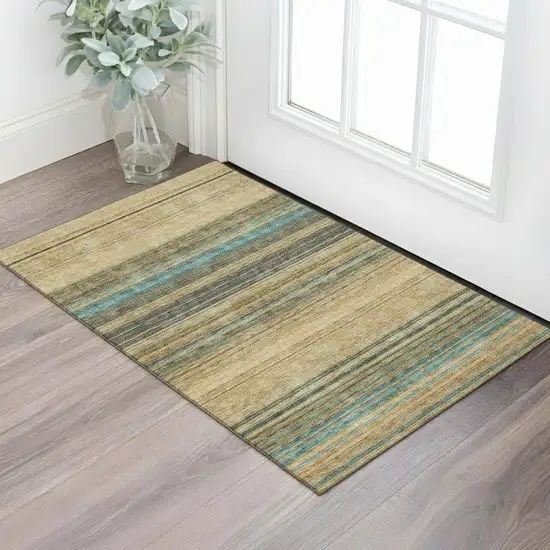 Wheat Teal And Brown Striped Washable Area Rug With UV Protection Photo 2