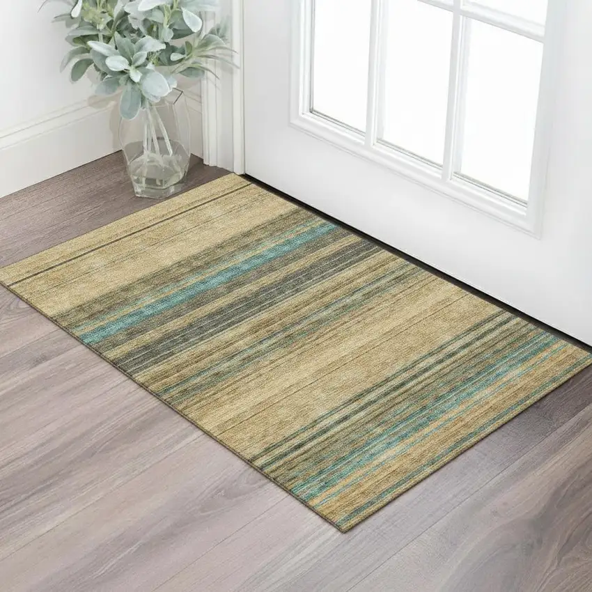 Wheat Teal And Brown Striped Washable Area Rug With UV Protection Photo 2