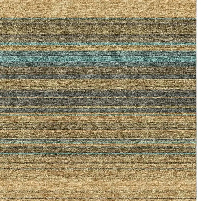 Wheat Teal And Brown Striped Washable Area Rug With UV Protection Photo 2