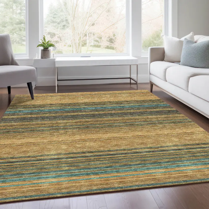 Wheat Teal And Brown Striped Washable Area Rug With UV Protection Photo 5